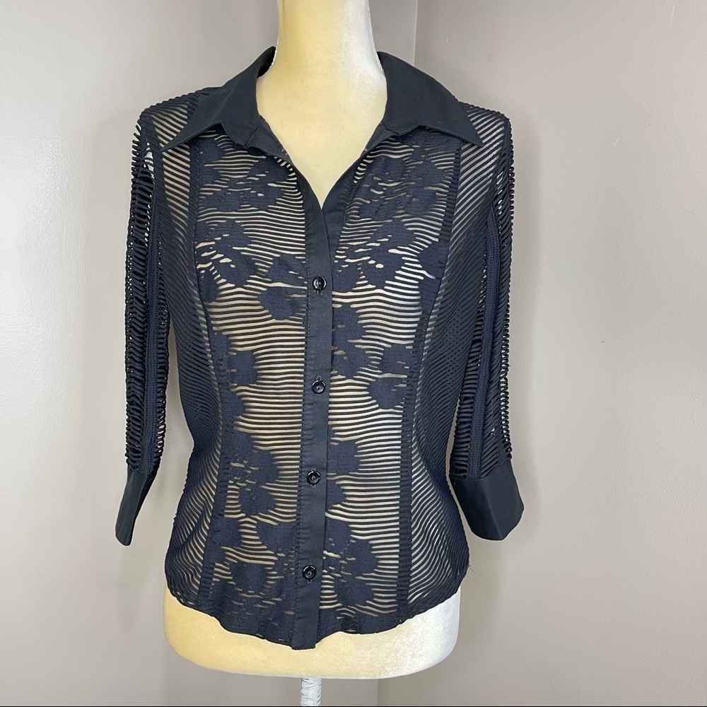 Vintage Women’s Sz M Black Sheers Top Button Up - Picture 3 of 16